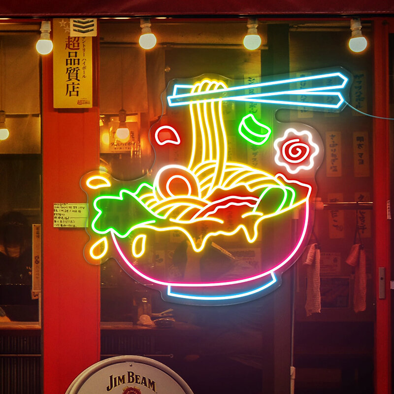 علامة نيون رامين يابانية ، نودلز لذيذة رامين ياباني ، لافتة ليد تجارية مخصصة ، مصباح وعاء رامين ، ديكور مطعم