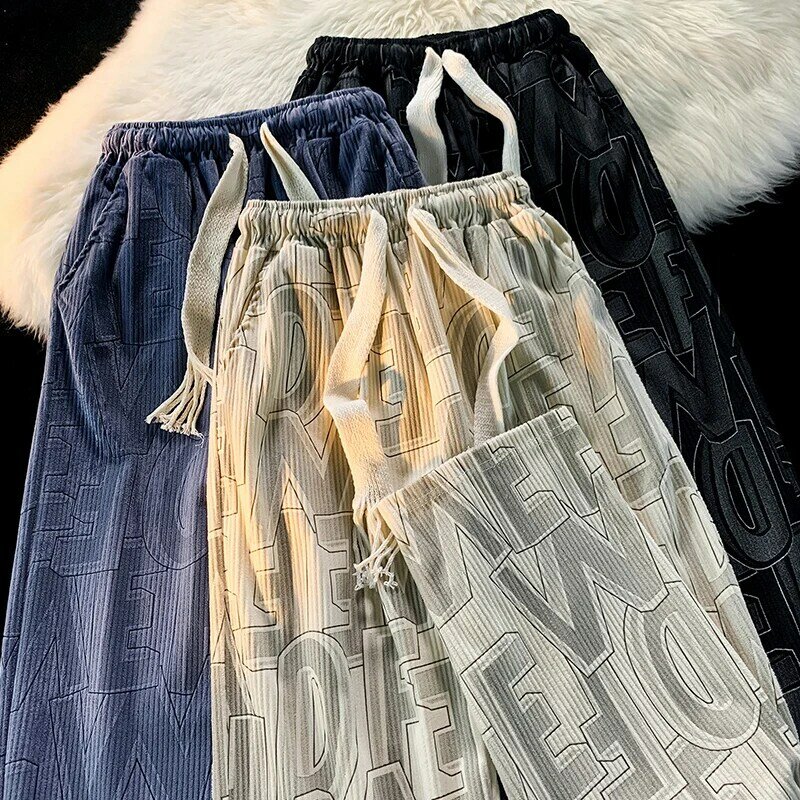 Брюки мужские из мягкой ткани с принтом, тонкие повседневные свободные прямые штаны в Корейском стиле, брюки до щиколотки с поясом на резинке, A30, на лето