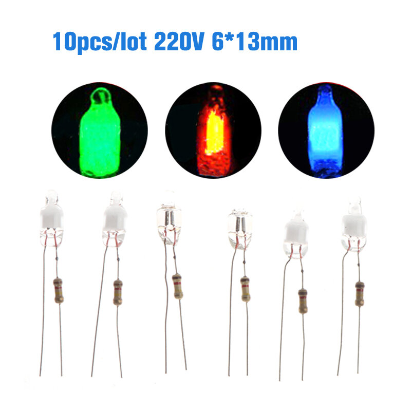 Luz indicadora de neón de 10 piezas, señal verde, roja y azul, lámpara de neón de 6mm, brillo de 2 cables de cobre, bombillas indicadoras de neón de 6x13mm