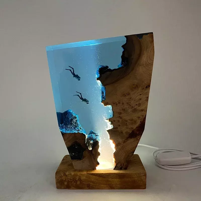 Lámpara de decoración de arte creactivo, luz de mesa de resina de organismo del mundo marino, cueva de buceo, exploración temática, luz nocturna, carga USB, caliente