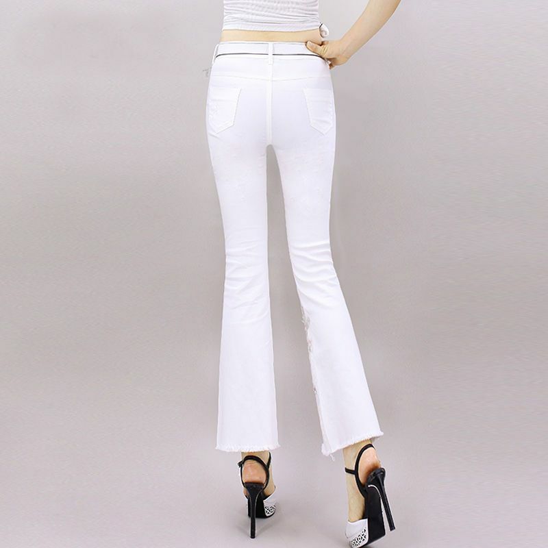Office Lady Casual Women White Flare Jeans Spring Summer Korean Fashion Slim Flowers Pattern High Waist Denim Cropped Trousers