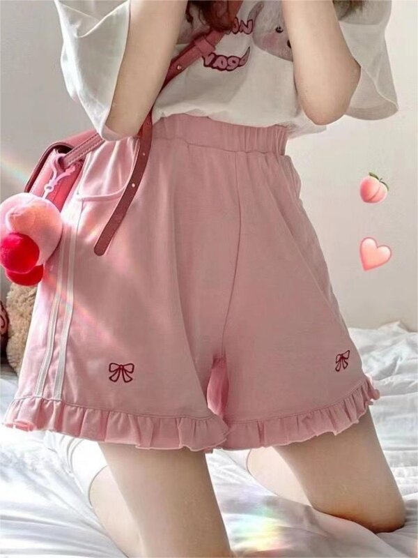HOUZHOU Kawaii Korean Fashion Striped Shorts Woman Baggy Cute Sweatpants Japanese Style Oversized Sweet Trousers Sports Summer