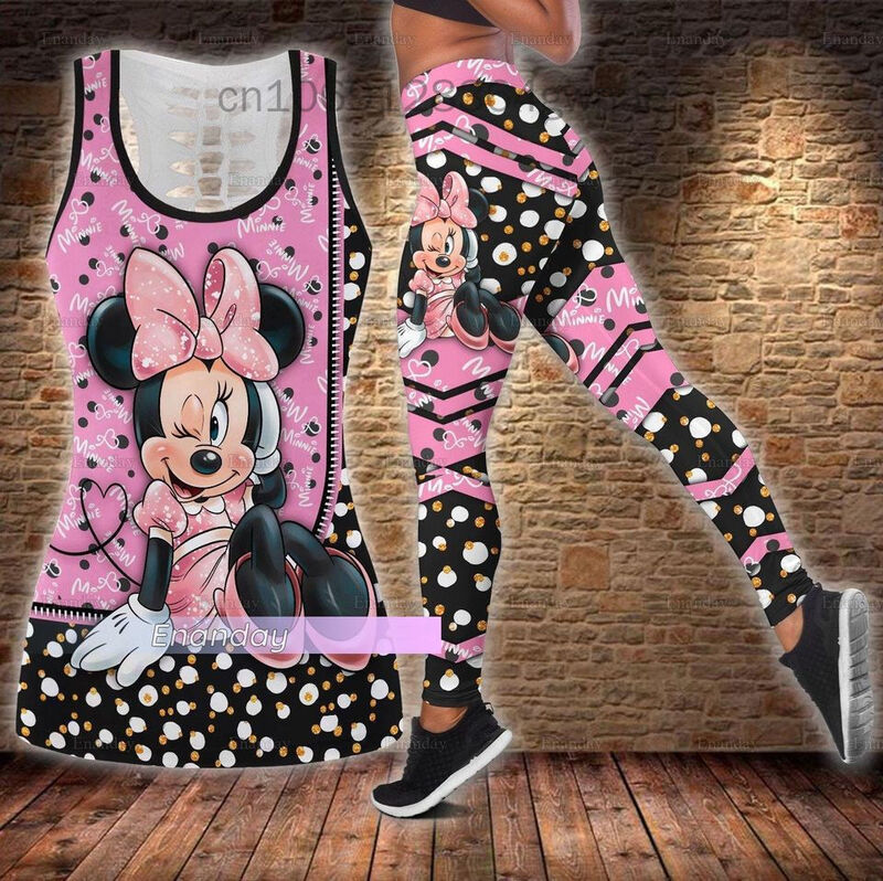 New Minnie Mouse women's Hollow Tanktop Leggings Yoga Set Summer Fitness Leggings tuta Disney Cutout canotta Leggings Suit