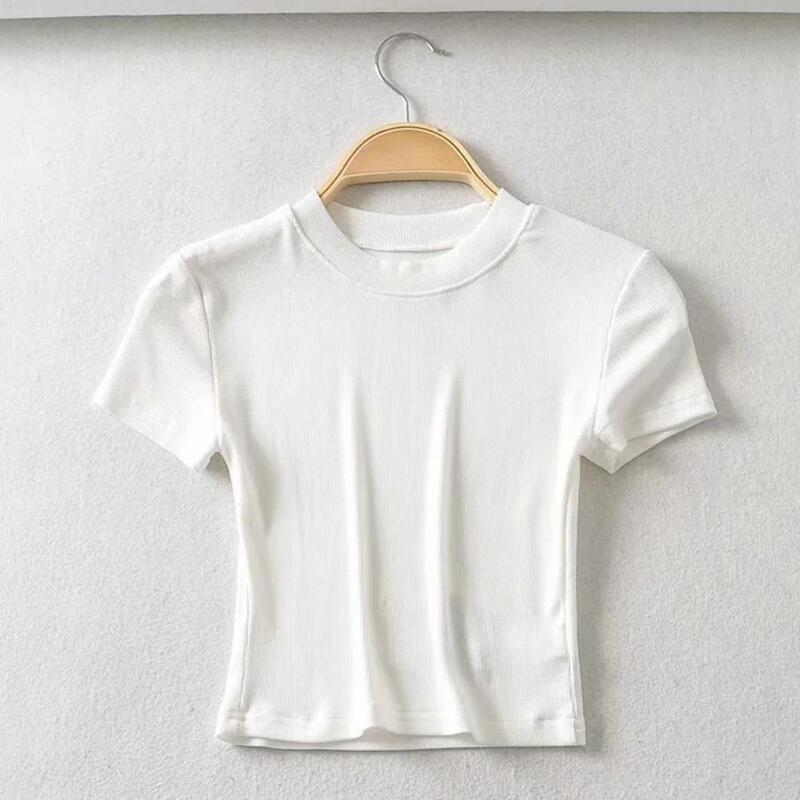 Женский модный топ, эластичный укороченный топ с круглым вырезом для женщин, облегающая однотонная Мягкая футболка с коротким рукавом