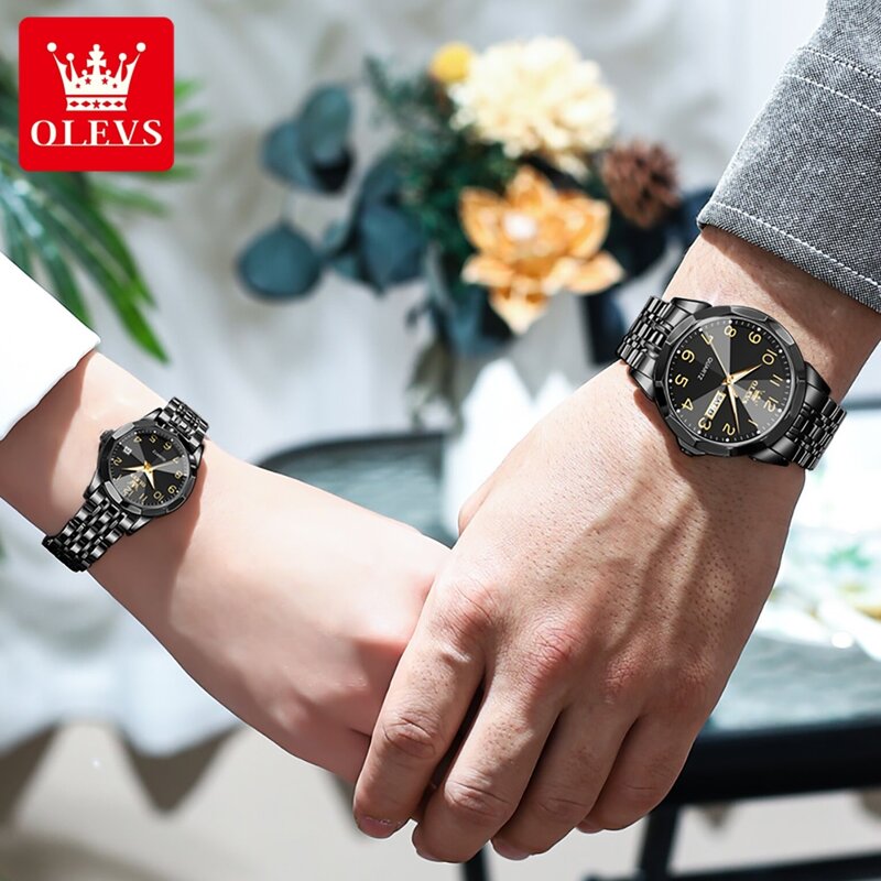 OLEVS 9970 New Luxury Quartz Couple Watches For Men Women Number Dial Rhombus Mirror Hand Clock Stainless Steel Original Watches