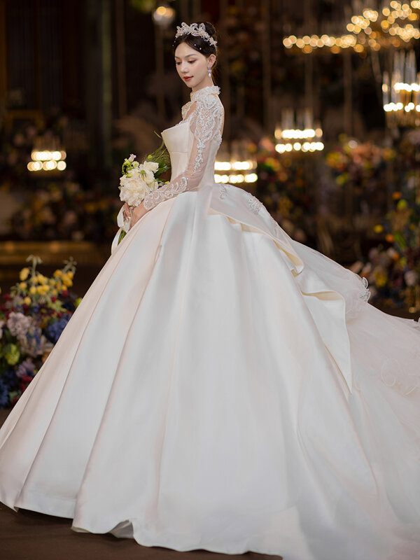 Gaun pernikahan Satin Perancis, gaun pengantin lengan panjang baru 2023, gaun pengantin tekstur tinggi industri berat