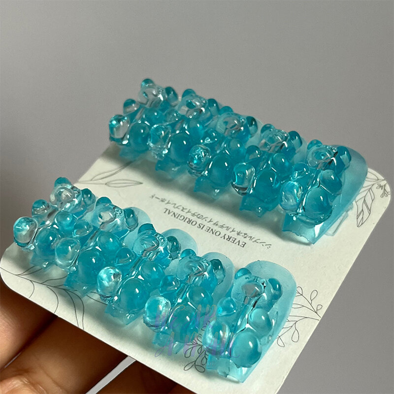 3D 젤리 베어 장식 가짜 손톱, 풀 커버 웨어러블 인공 손톱 아트 팁, y2k 아이스 블루 수제 프레스, 10 개