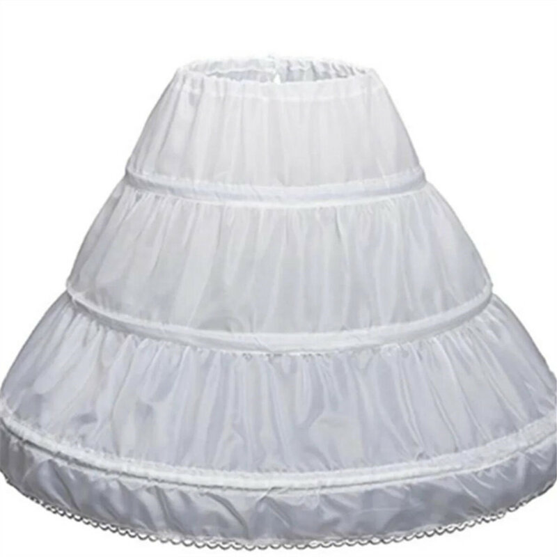 White Children Kids Petticoat A- Line 3 Hoops One Layer Kids Crinoline Lace Trim Flower Girl Dress Underskirt Elastic Waist