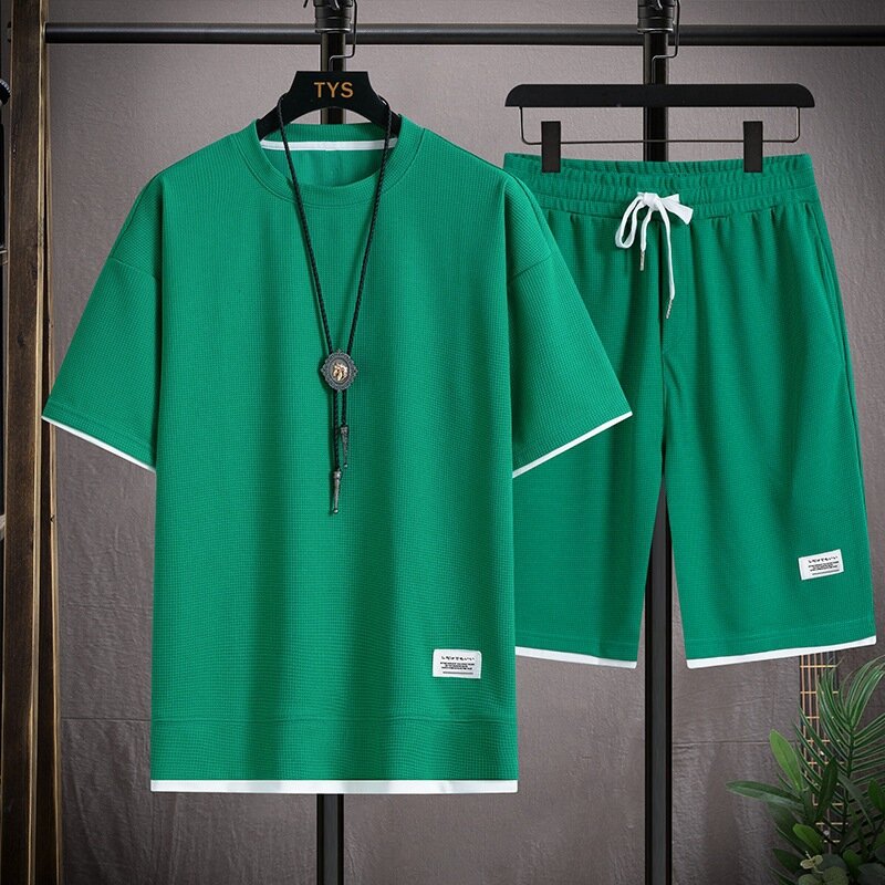Waffle Men's Summer Short Sleeve And Shorts Two Piece Sets Sports Casual Tracksuit Men Comfortable Cool Shorts Oversized Set