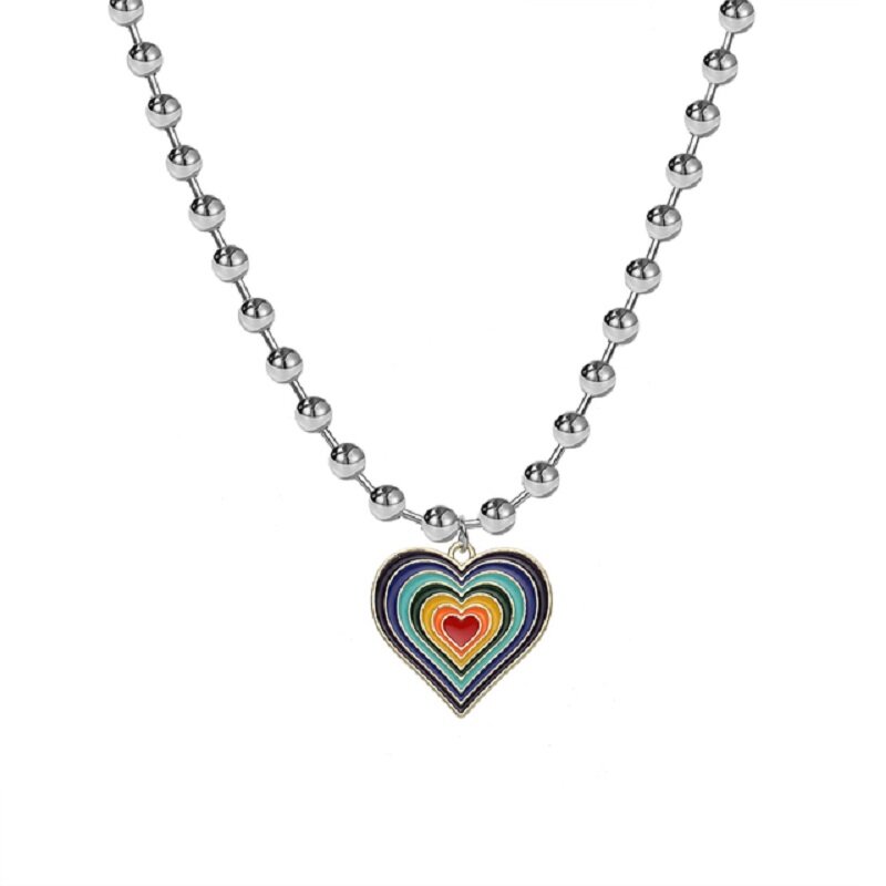 แฟชั่น Rainbow Heart จี้สร้อยคอผู้หญิงหวานที่มีสีสันเรขาคณิต Love ลูกปัด Clavicle Chain Choker คอแนวโน้มเครื่องประด...