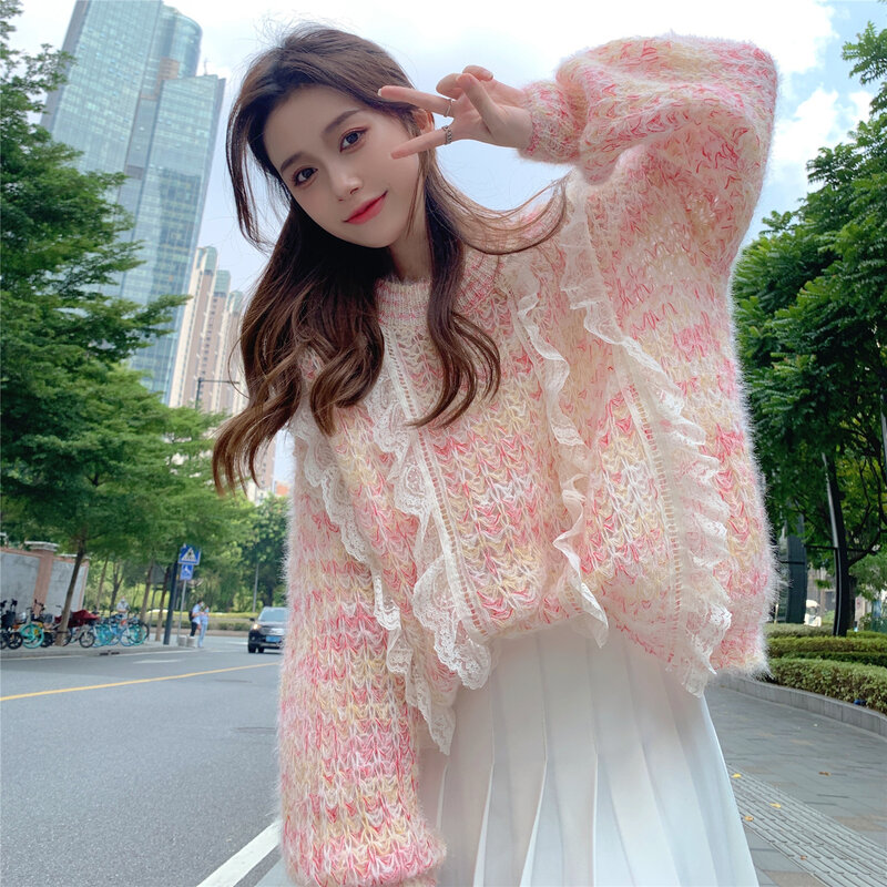 Frühling Herbst Goth Lolita Pullover Frauen Süße Spitze Tie Dye Gestrickte Top Koreanische Mode Kawaii Strickwaren Pullover Girly Y2k Kleidung