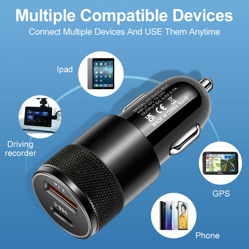 Car Charge Adapter 2 Port 3.1A Universal Dashcam Phone Power Outlet