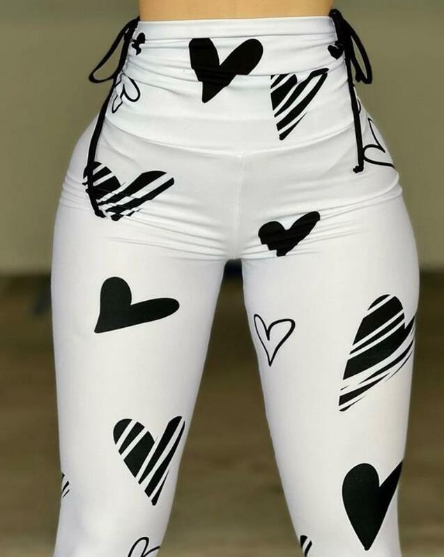 Женские брюки с завышенной талией, повседневные спортивные облегающие длинные штаны с принтом сердечек, штаны для активного отдыха, весна 2023