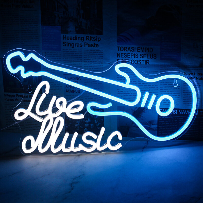 Live Music Neon Sign Guitar LED Art Lâmpada de parede, Sala de estúdio, Bar, Night Club, Decoração de festa, Nice Gift for Music Lover