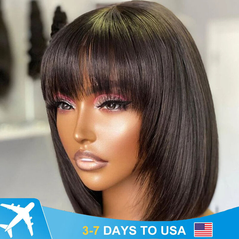 Brazilian Short Straight Hair Bob Wigs Human Hair Wig With Bangs Remy Full Machine Made Wig for Women Non Lace Glueless Bob Wig