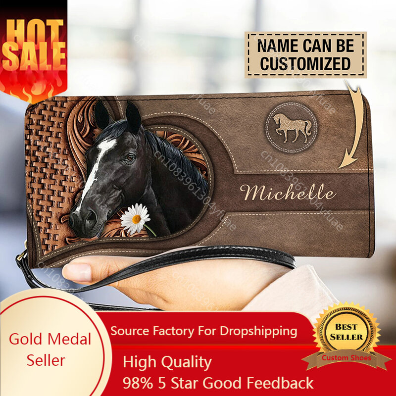 Monedero de marca de lujo para mujer, billetera larga con estampado 3D de caballo Animal, tarjetero de cuero, bolso de mano con nombre personalizado