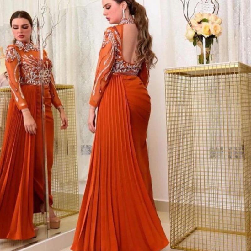 Aso Ebi Arabische Oranje Sexy Avondjurken Kralen Kristallen Backless Prom Dresses Hoge Hals Formele Partij Tweede Receptie Jurken