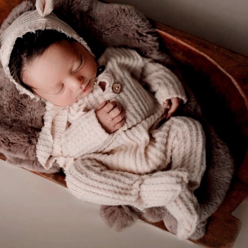 Infant Photography Props Knitted Long Sleeves Jumpsuit Photostudio Posing Wear Baby Footed Romper Newborn Shower Gift