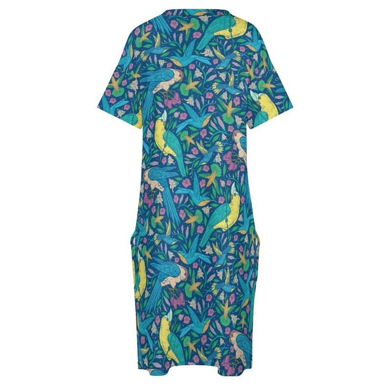 Gaun bunga burung tropis gaun trendi motif bunga leher V pakaian jalanan wanita gaun kasual bermotif dengan saku ukuran besar