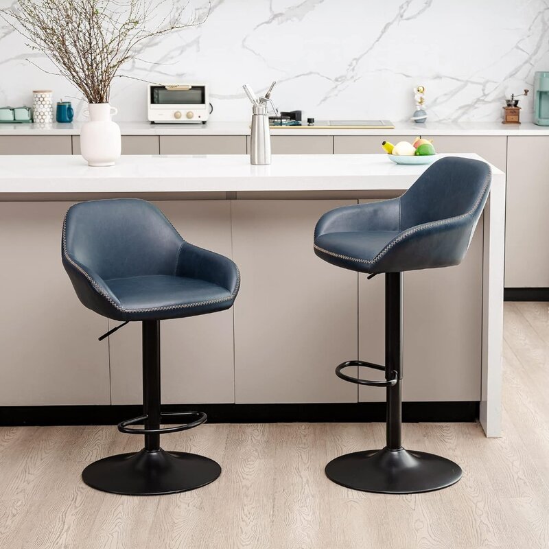 Century Bar Stools Set of 2 Vintage Swivel Leather Adjustable Bar Chair with Backrest and Footrest, Modern Pub Kitchen Counte