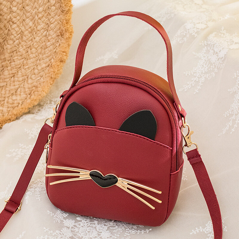 Women's Mini Backpacks PU Leather Crossbody Bag Ladies Cartoon Cat Pattern Phone Pouch Causal Candy Color Small Shoulder Bag