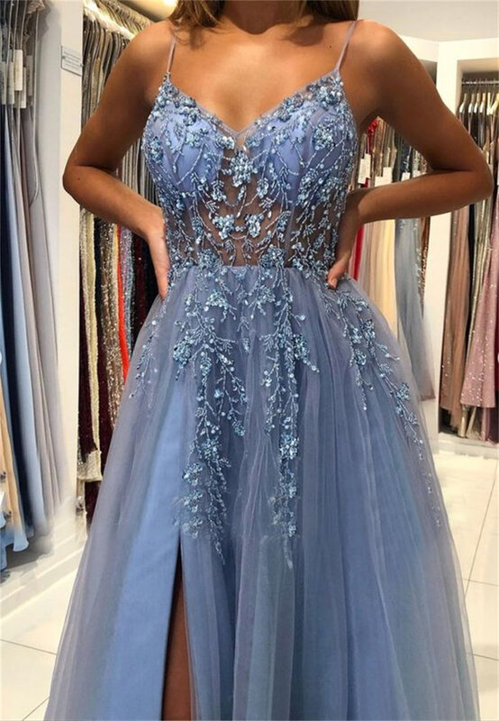 Gaun Prom kain Tule biru payet seksi tali Spaghetti A-Line gaun pesta dansa 2023 tanpa lengan samping leher V belahan samping