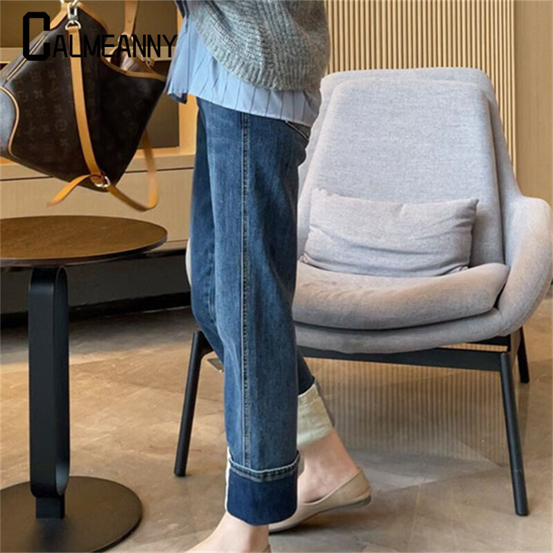 Женские джинсы в стиле пэчворк, универсальные прямые джинсы с высокой талией, повседневные свободные брюки в Корейском стиле, лето 2023