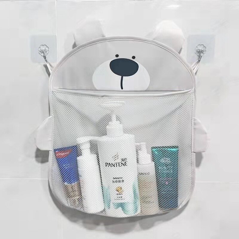 Tas penyimpanan jaring mandi bayi bentuk hewan kartun, tas penyimpanan jaring dengan cangkir isap, keranjang gantung, mainan menyenangkan air untuk pegangan