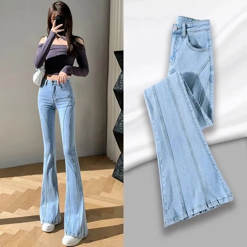 Slim Vintage Flare กางเกงยีนส์สีฟ้าผู้หญิง Jean กางเกงผอมยืดใหม่ Bell-Bottoms Vaqueros อเมริกันออกแบบ Denim Leggings 94-98ซม.