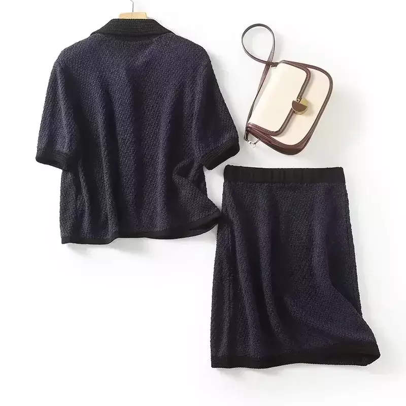 Fato requintado de cardigã de malha de metal para mulheres, camisa de manga curta, saia mini linha A, moda retrô, 2 peças, 2023