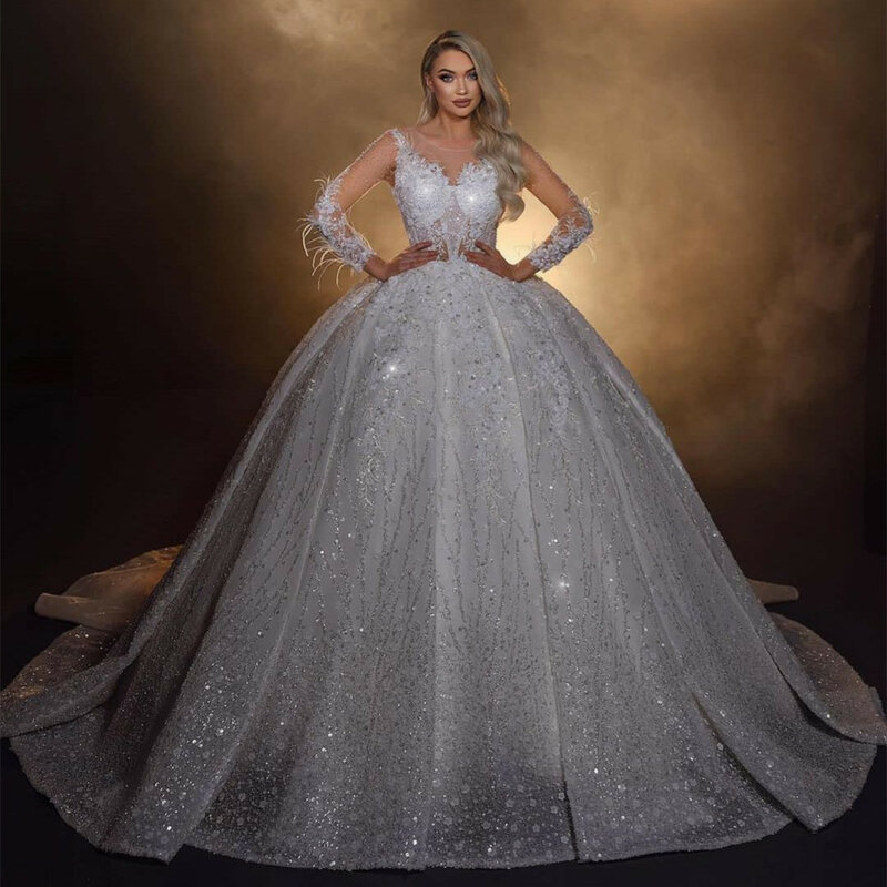 Elegant Ball Gown Wedding Dresses Long Sleeves V Neck Sequins Lace Appliques Feather Ruffles Beads Bridal Gowns Vestina De Novia