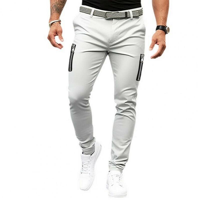 Solid Color Men Pants Stylish Men's Zipper Decor Slim Fit Pants with Button Closure Pockets Soft Breathable Mid Waist for Four