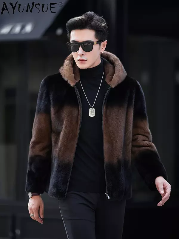 AYUNSUE-casaco com capuz de pele real masculino, jaqueta de vison luxuosa, casacos casuais, inverno, 2023
