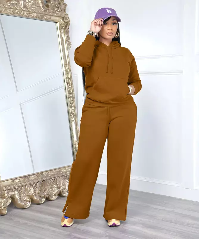 Autumn Casual Sport Solid Color Two Piece Sets Women Hooded Hoodie Long Sleeve Tshirt  Elastic Loose Wide Leg Pants 2 Piece Set