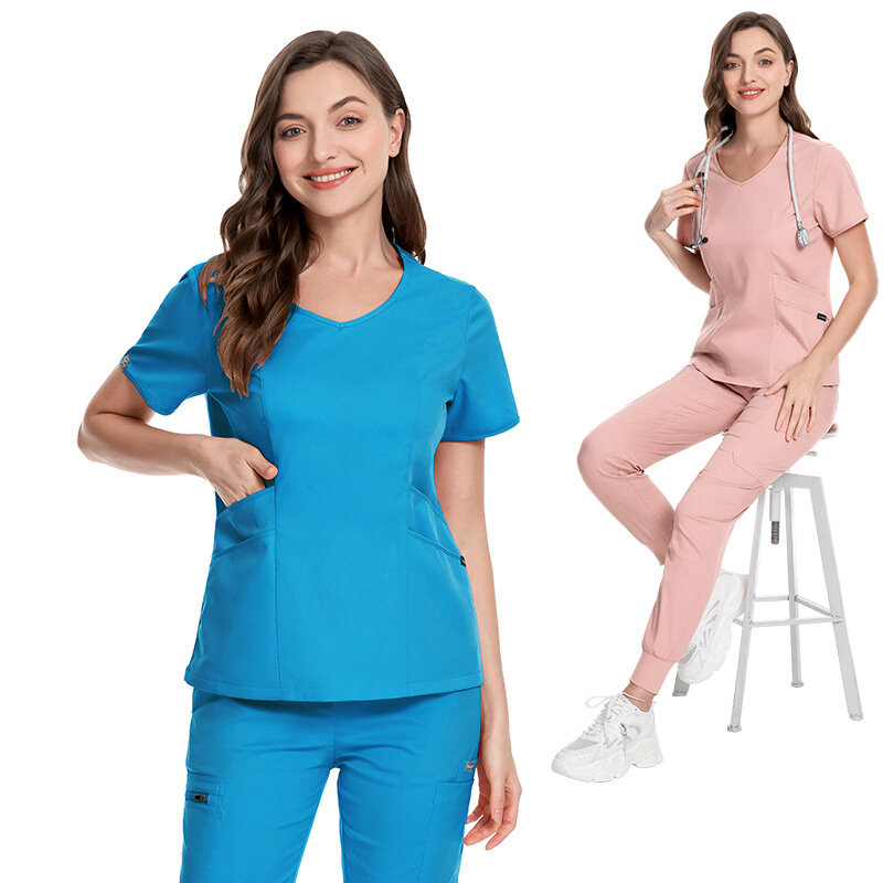 Uniformes de enfermeira com logotipo personalizado para mulheres, jogger de manga curta, esfrega de enfermagem hospitalar, uniformes respiráveis para salão e spa