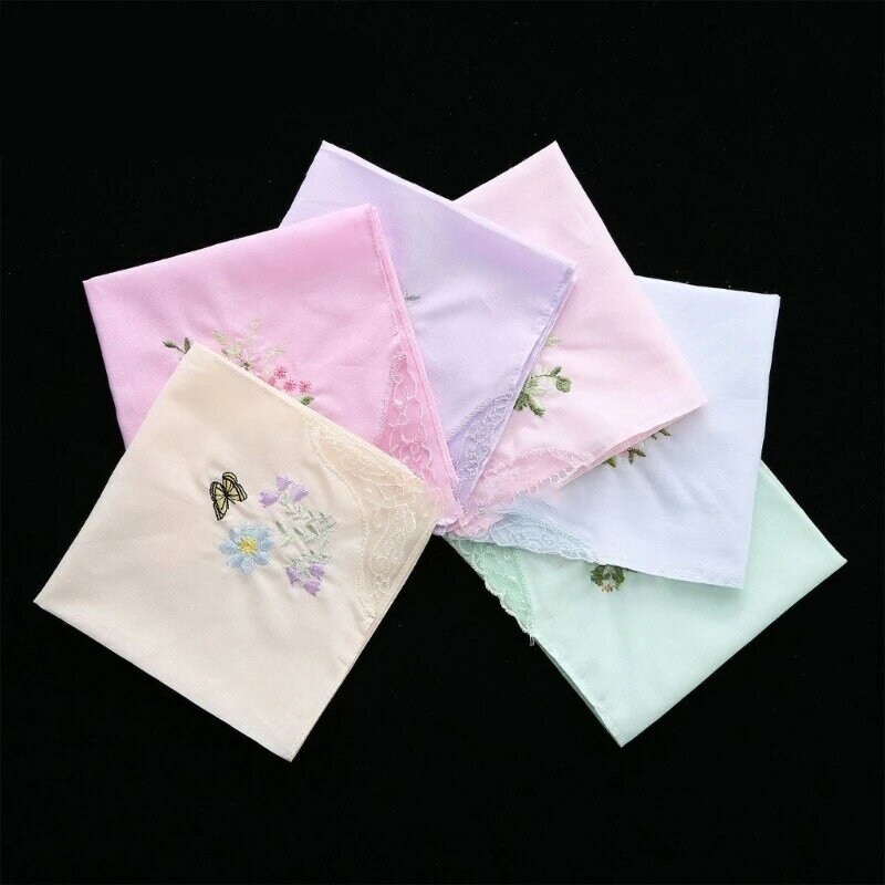 652F Ladies Cotton Embroidery Handkerchiefs Womens Soft Solid Candy Color Flowers Lace Edging Hankies for Wedding Party