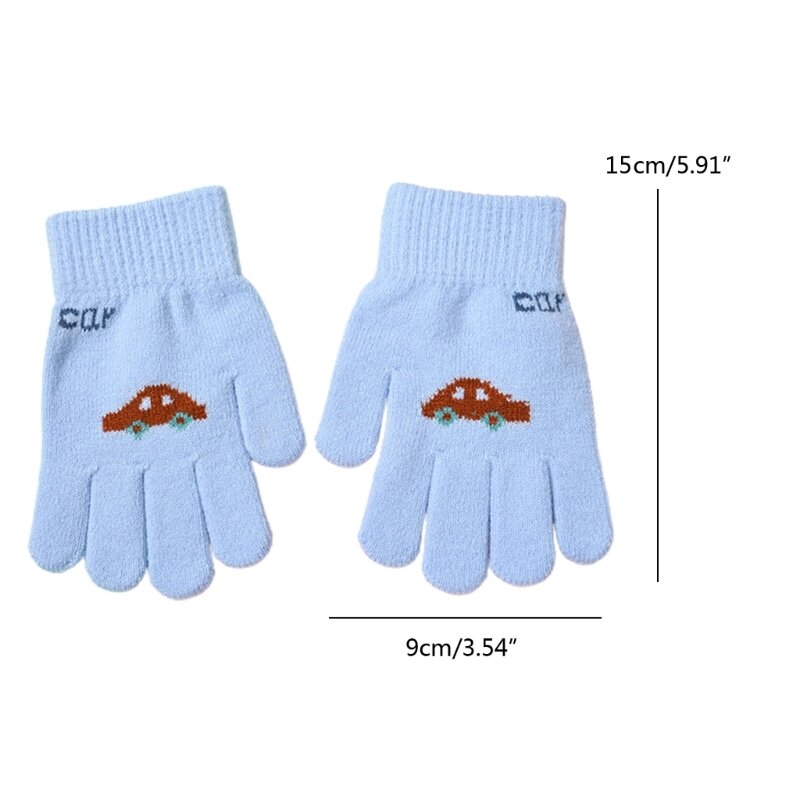 フルフィンガー冬ニット手袋漫画の車のパターン暖かいミトンソリッドカラー手袋防風 4-8T 男の子と女の子用