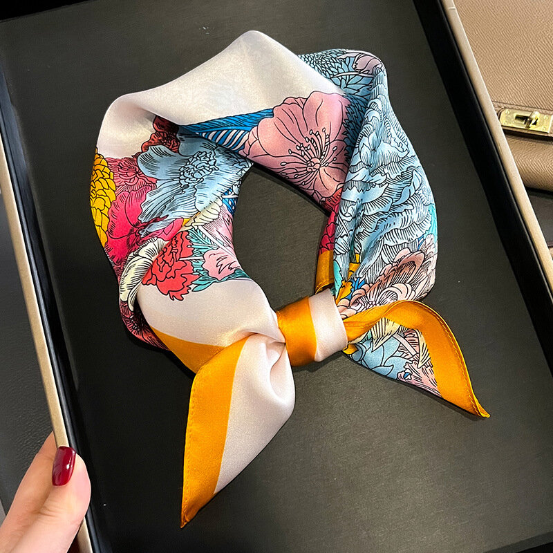 2024 Новый женский квадратный шарф из 100% шелка фуляр бандана женские цветочные шарфы для волос повязка на голову шейный платок весенние стяжки для сумок 53 см