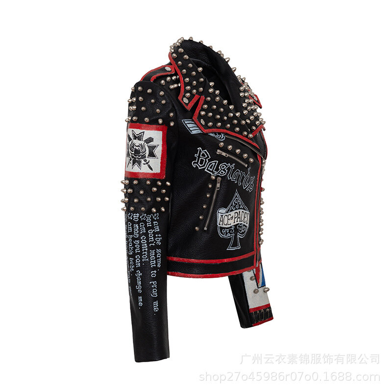 Motorcycle Leather Jacket for Women, Printed Rivet Leather Jacket, Punk Zipper Rock Jacket, High Quality, Autumn, 2024