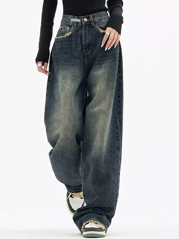 Женские винтажные уличные брюки, корейские мешковатые джинсы-карго с высокой талией, прямые широкие брюки, джинсовые брюки, одежда для гранжа и альта