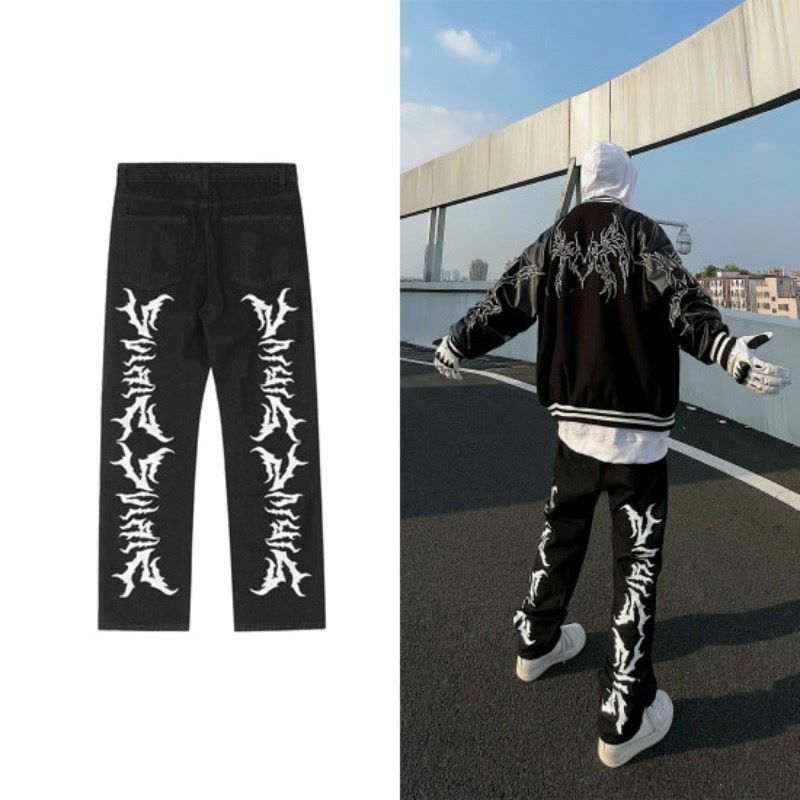 Джинсы Хай-стрит мужские и женские, прямые свободные универсальные брюки с надписью принт пламя, маленькие брюки в стиле хип-хоп