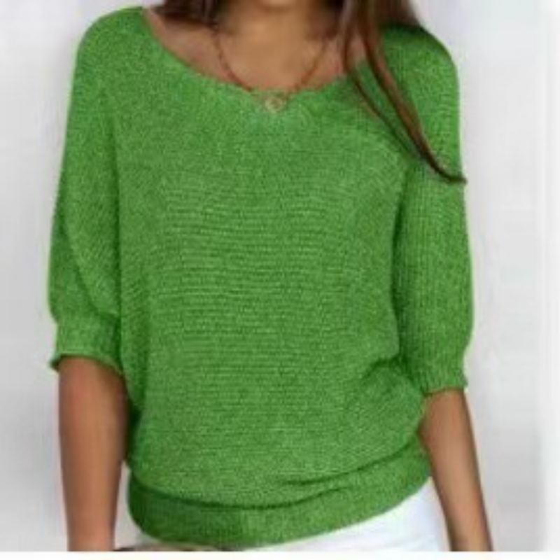 Suéter de punto para mujer, con cuello redondo Camisa lisa, mangas 3/4, Top suelto, Jersey informal de punto, ropa de calle para mujer 2023