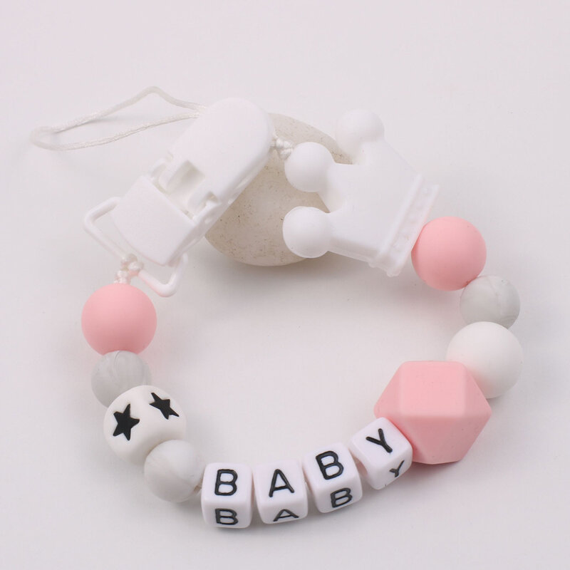 Handmade Personalized Name Baby Pacifier Clip Silicone Star Crown Dummy  Chain Holder Newborn Safe Teether