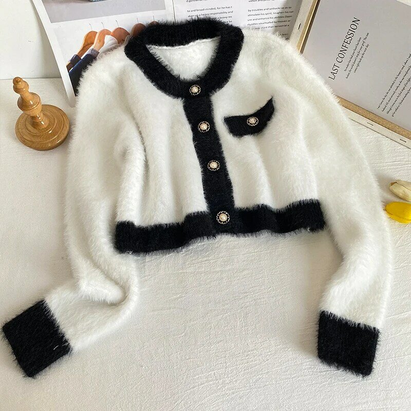 Conjunto de chaqueta de Cachemira de visón y falda ajustada para mujer, suéter de Mohair con costuras de Color contrastante, cárdigan esponjoso, conjunto de 2 unidades