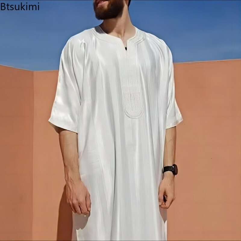 2024Muslim Men Kaftan Robe Satin Embroidery Jubba Thobe Saudi Arab Thoub Turkey Islamic Casual Dress Ramadan Traditional Clothes