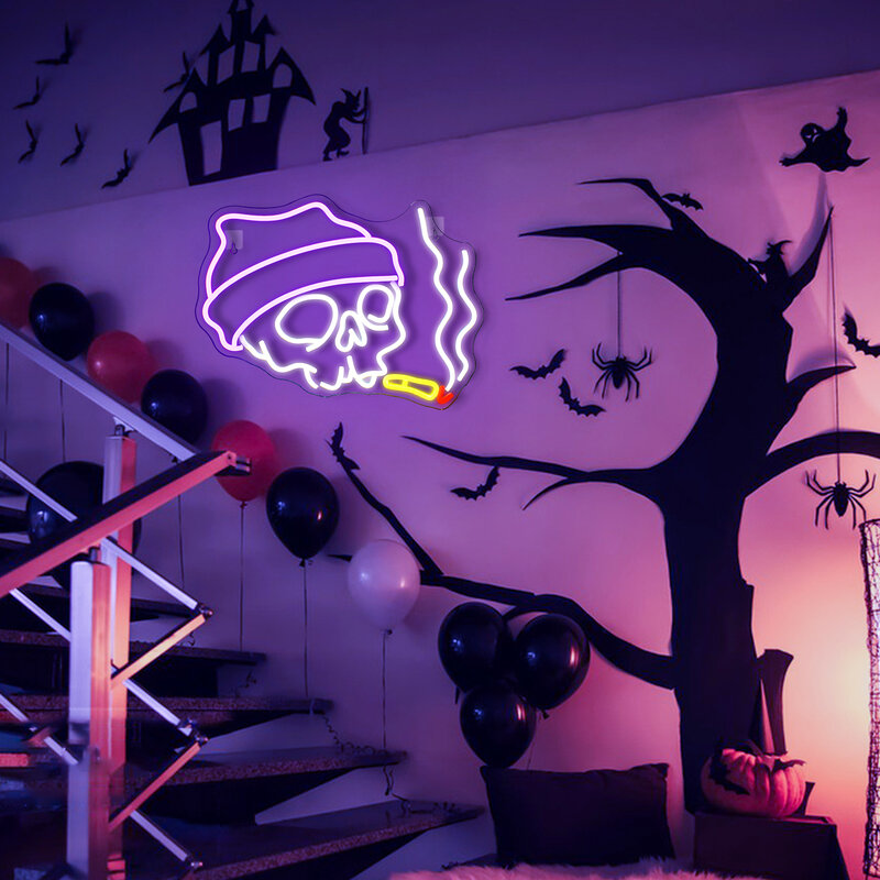 Rokende Schedel Neon Teken Creatief Skelet Led Licht Kamer Muur Decor Usb Kunst Wandlampvoor Halloween Festival Feest Slaapkamer Logo