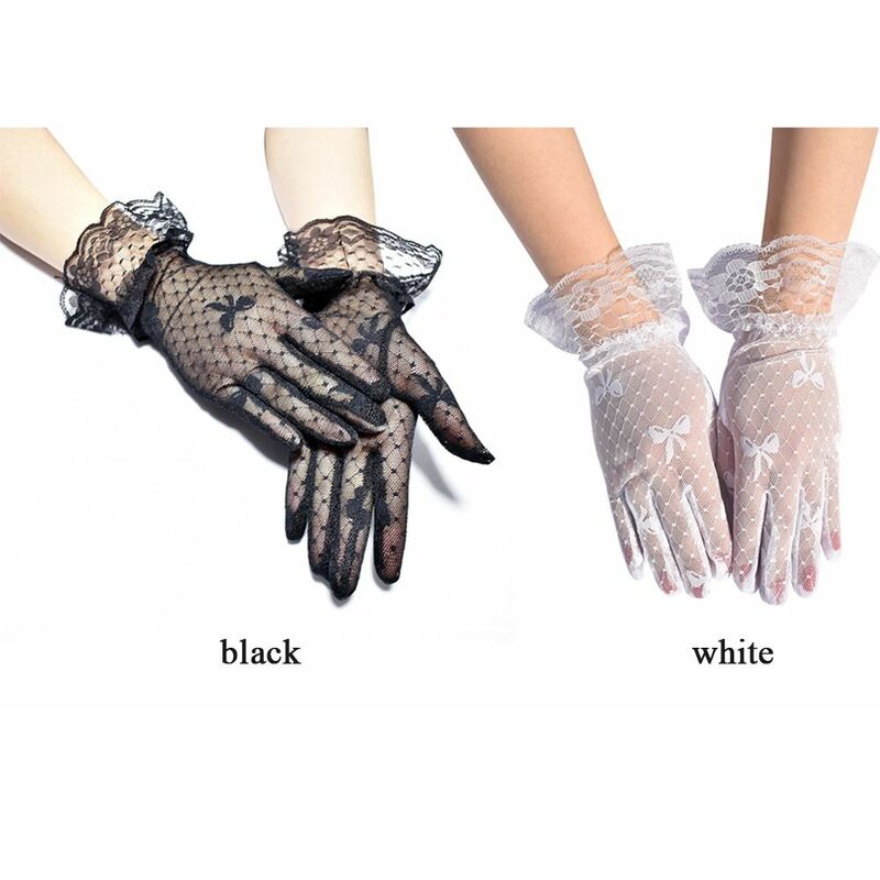 Женские кружевные жаккардовые перчатки с черным бантом, перчатки для свадебной вечеринки, солнцезащитные перчатки, свадебные перчатки, варежки