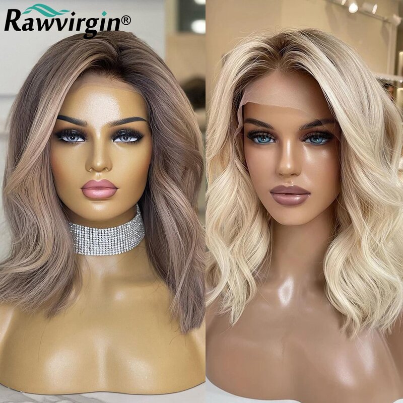Ash Blonde Ombre Wigs For Women Human Hair Body Wave Transparent HD Lace Frontal Wig Brazilian Remy Hair Short Bob Wig Pre Pluck