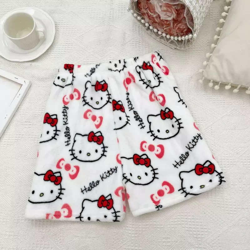 Sanrio Hello Kitty pigiama pantaloni pantaloncini Kawaii Y2K flanella Ladies 2024 estate nuovi pantaloncini a vita alta American Hot Pants Girl Gift