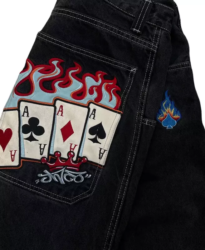 JNCO-pantalones vaqueros holgados con patrón de póker para hombre, Jeans negros Harajuku, pantalones góticos de cintura alta, pantalones de pierna ancha, ropa de calle, Hip Hop, Y2K